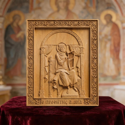 Prophet and King David Wooden Carved Handmade Christian Icon Front Side Natural Wood Color Cretan Holy Carvings