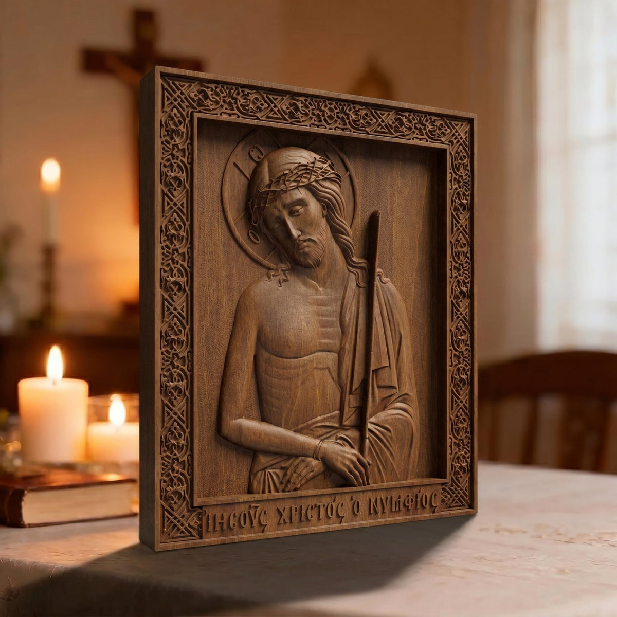 Jesus Christ Bridegroom Wooden Carved Handmade Christian Icon Left Side Brown Oak Cretan Holy Carvings