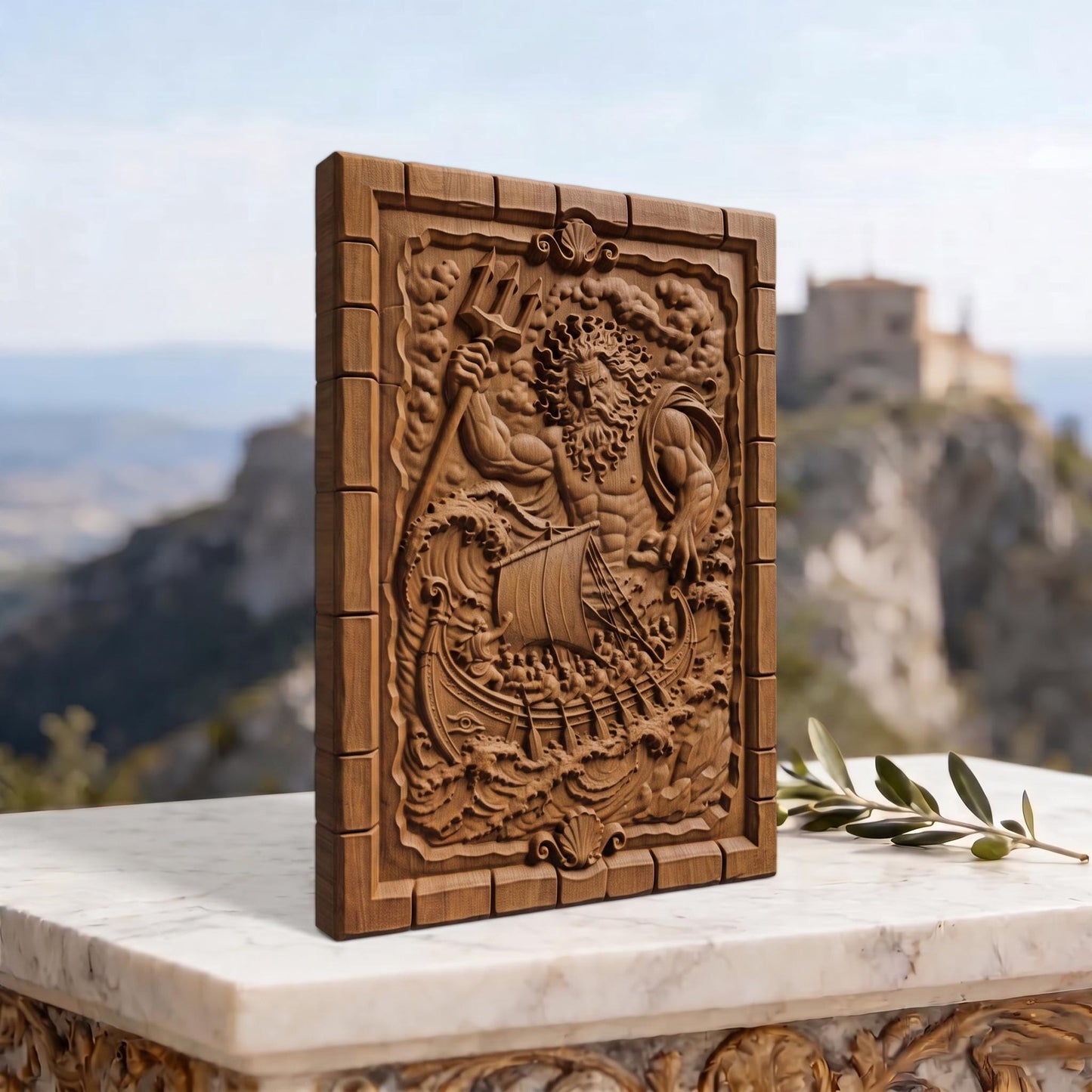 Poseidon Punishes Odysseus from Ancient Greek Mythology 3D Wooden Bas Relief Panel Art Sculptural Gift Idea Cretan Holy Carvings