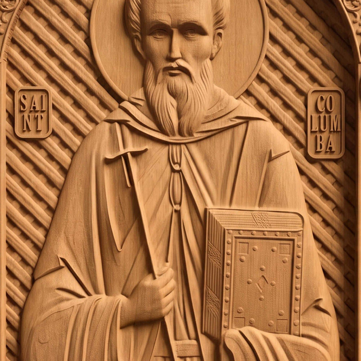 Saint Columba Wooden Carved Handmade Christian Icon | Byzantine Greek Orthodox Home Art Decor