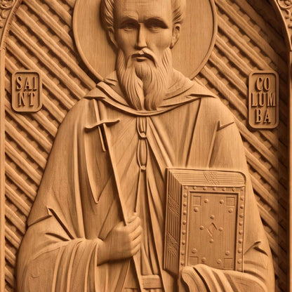 Saint Columba Wooden Carved Handmade Christian Icon | Byzantine Greek Orthodox Home Art Decor