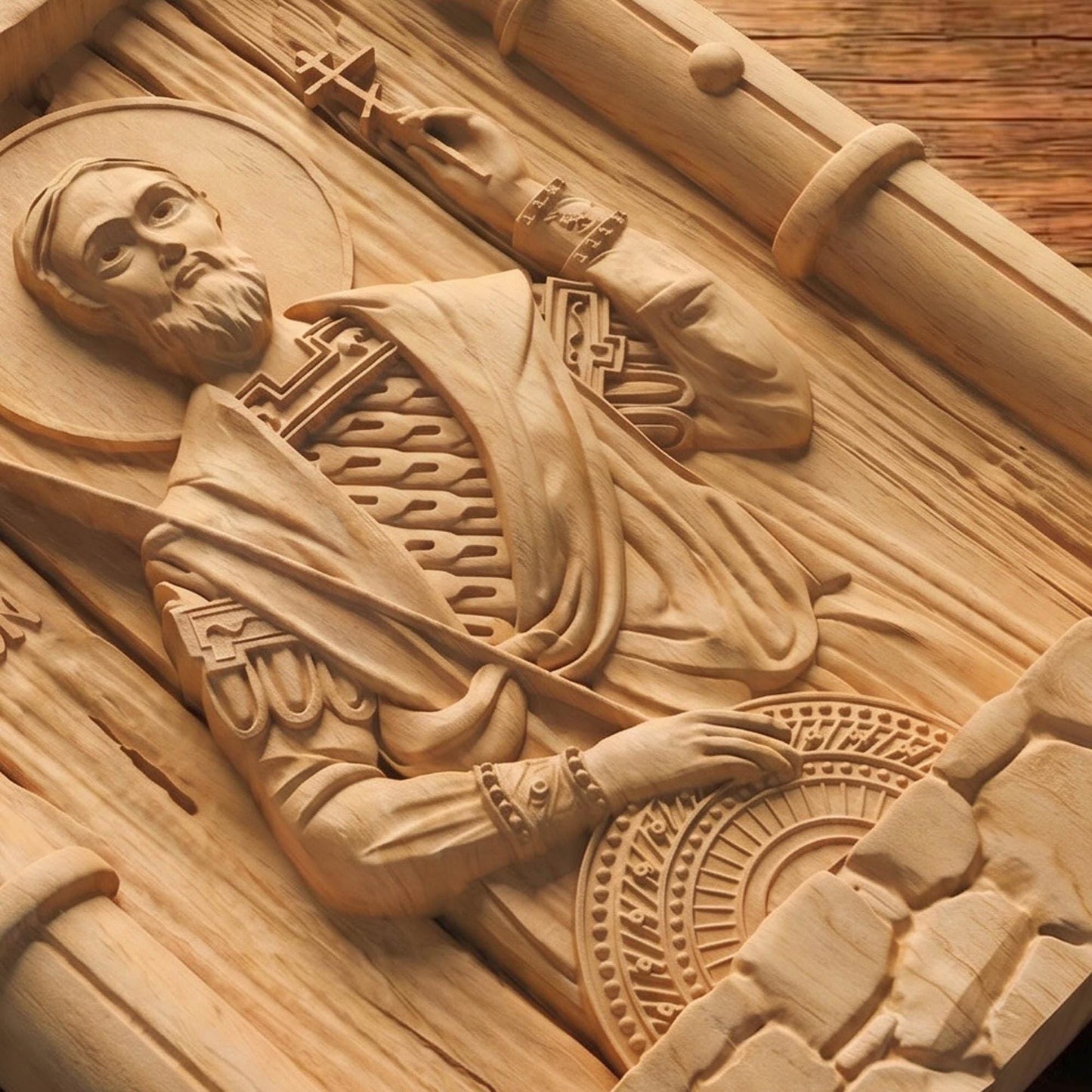 Saint Theodore Tyron Wooden Carved Handmade Christian Icon Flat Side Natural Wood Color Cretan Holy Carvings