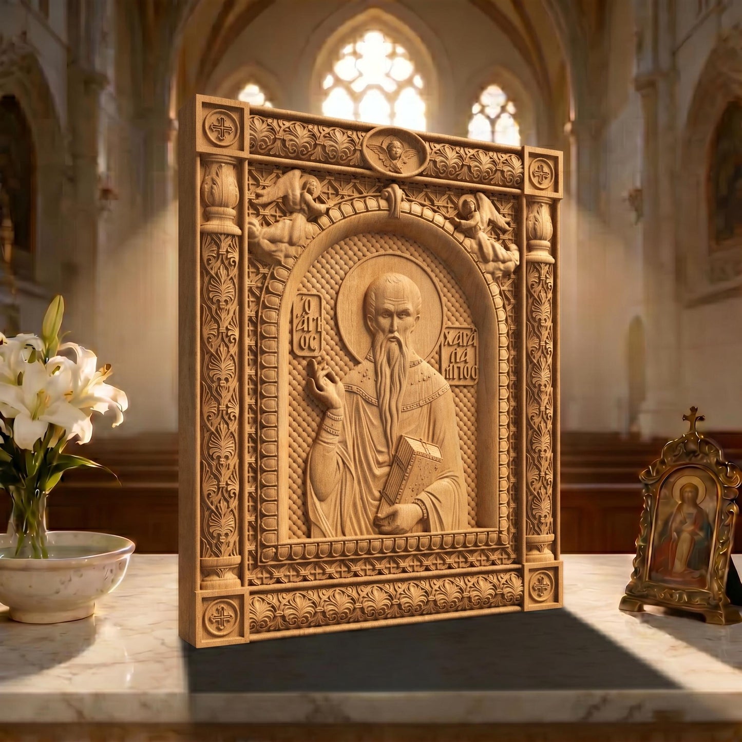 Saint Charalambos Wooden Carved Handmade Christian Icon | Byzantine Greek Orthodox Home Art Decor