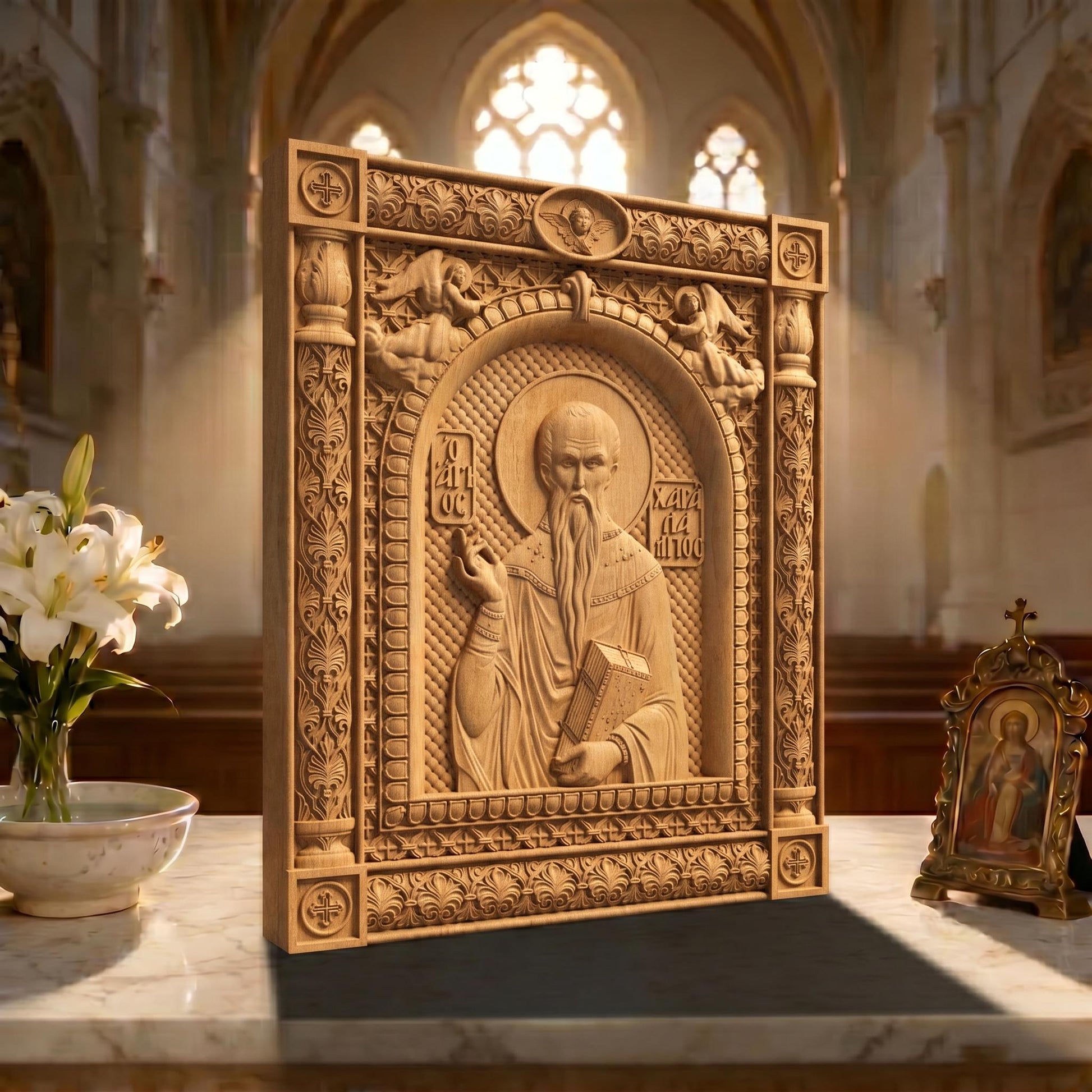 Saint Charalambos Wooden Carved Handmade Christian Icon | Byzantine Greek Orthodox Home Art Decor