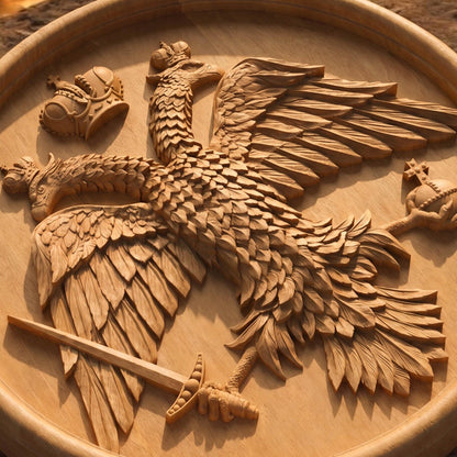 Byzantine Double Headed Eagle Plate Wooden Carved Handmade Christian Icon Flat Side Natural Wood Color Cretan Holy Carvings