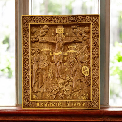 Crucifixion of Jesus Christ Wooden Carved Handmade Christian Icon. Byzantine Greek Orthodox Home Decor.