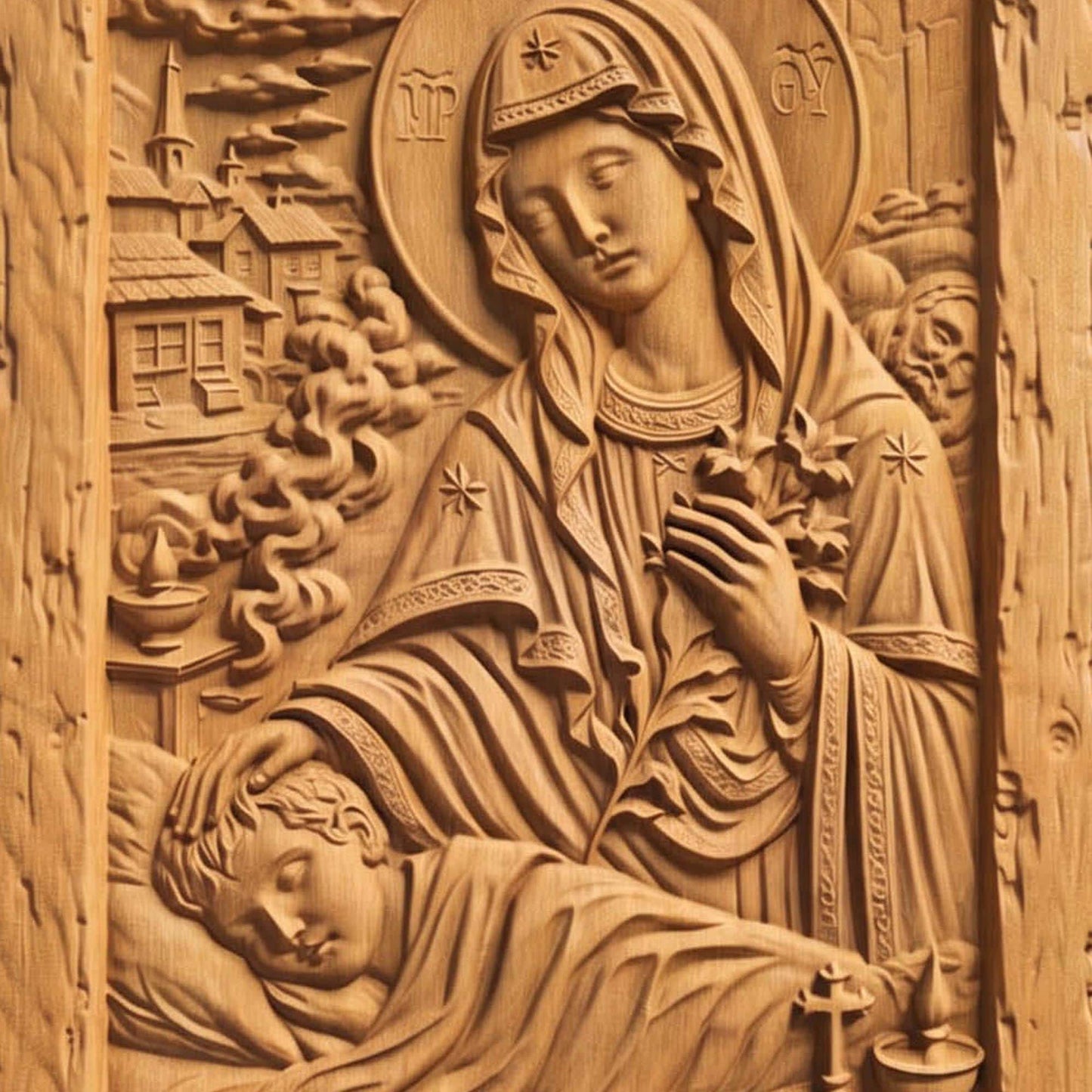 Virgin Mary Protects the Children Wooden Carved Handmade Christian Icon  Byzantine Greek Orthodox Home Decor Cretan Holy Carvings