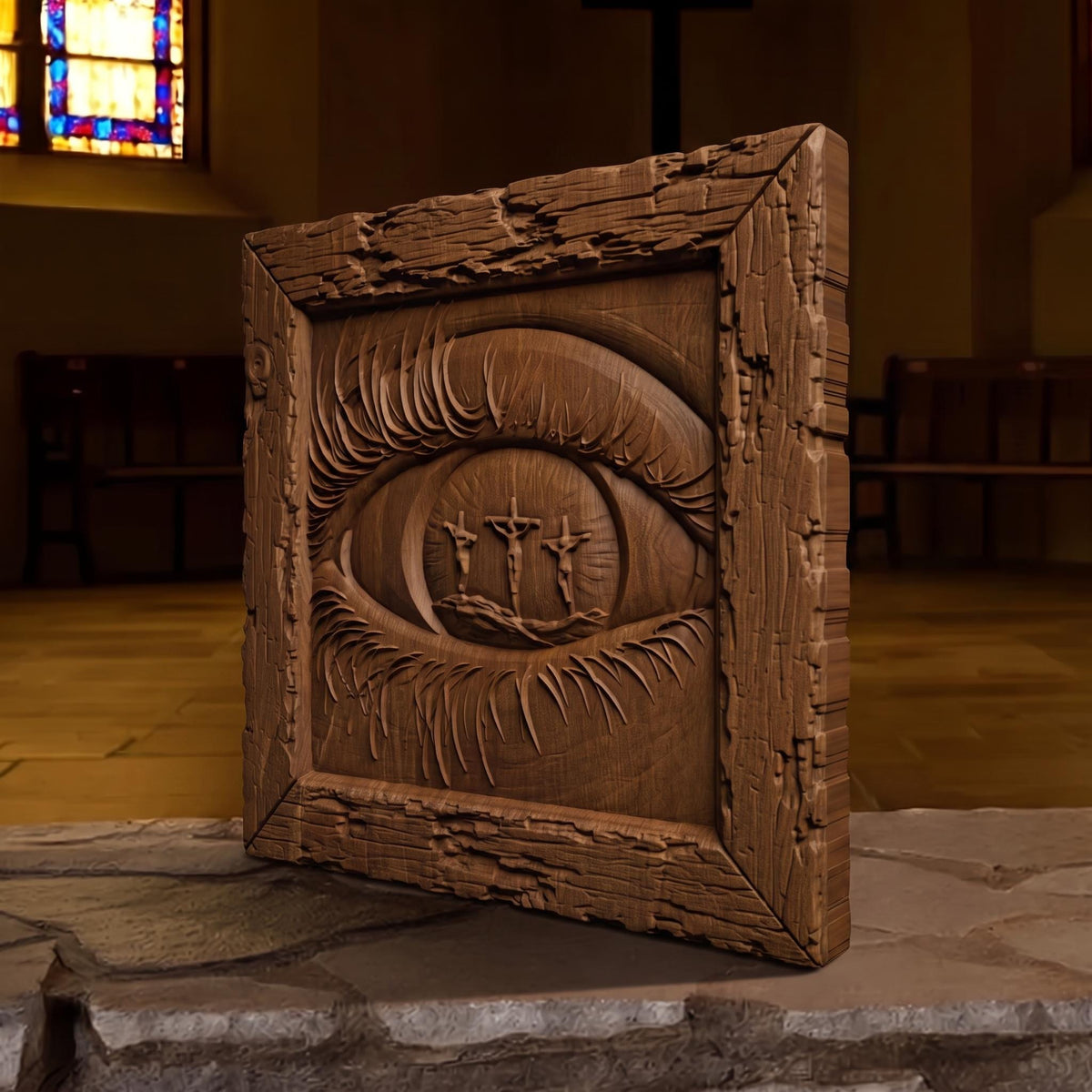 Eye Looking at God Wooden Carved Handmade Christian Icon  Byzantine Greek Orthodox Home Art Decor Cretan Holy Carvings
