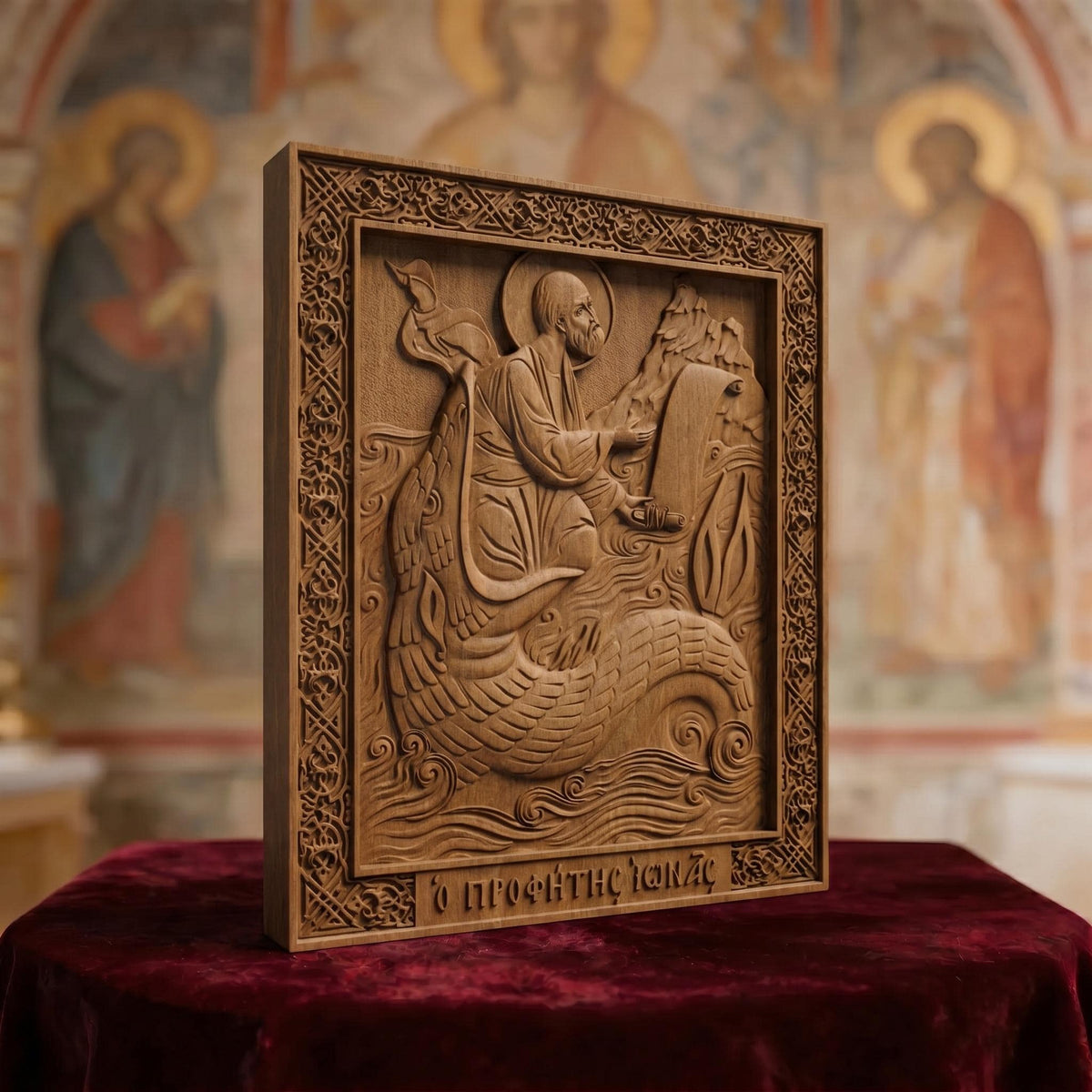 Prophet Jonah Wooden Carved Handmade Christian Icon. Byzantine Greek Orthodox Home Decor.
