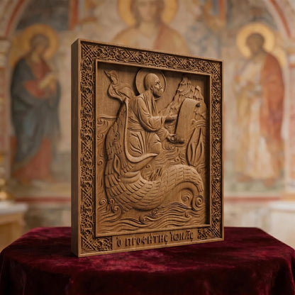 Prophet Jonah Wooden Carved Handmade Christian Icon. Byzantine Greek Orthodox Home Decor.