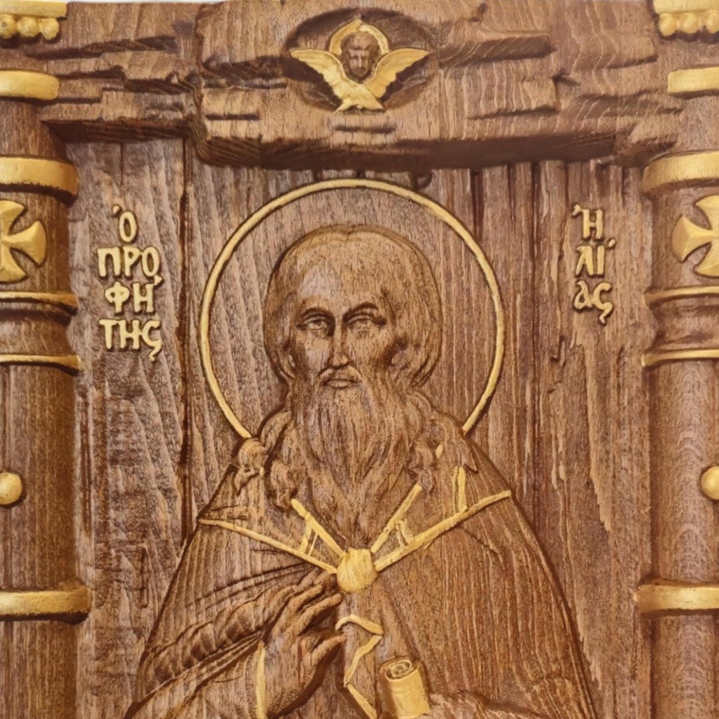 Prophet Elijah Wooden Carved Handmade Christian Icon. Byzantine Greek Orthodox Home Art Decor.