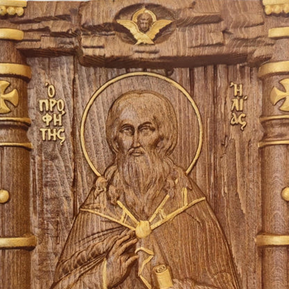 Prophet Elijah Wooden Carved Handmade Christian Icon. Byzantine Greek Orthodox Home Art Decor.