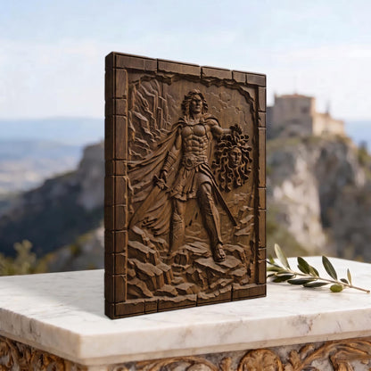 Perseus Cut Medusa's Head from Ancient Greek Mythology 3D Wooden Bas Relief Panel Art Sculptural Gift Idea Cretan Holy Carvings