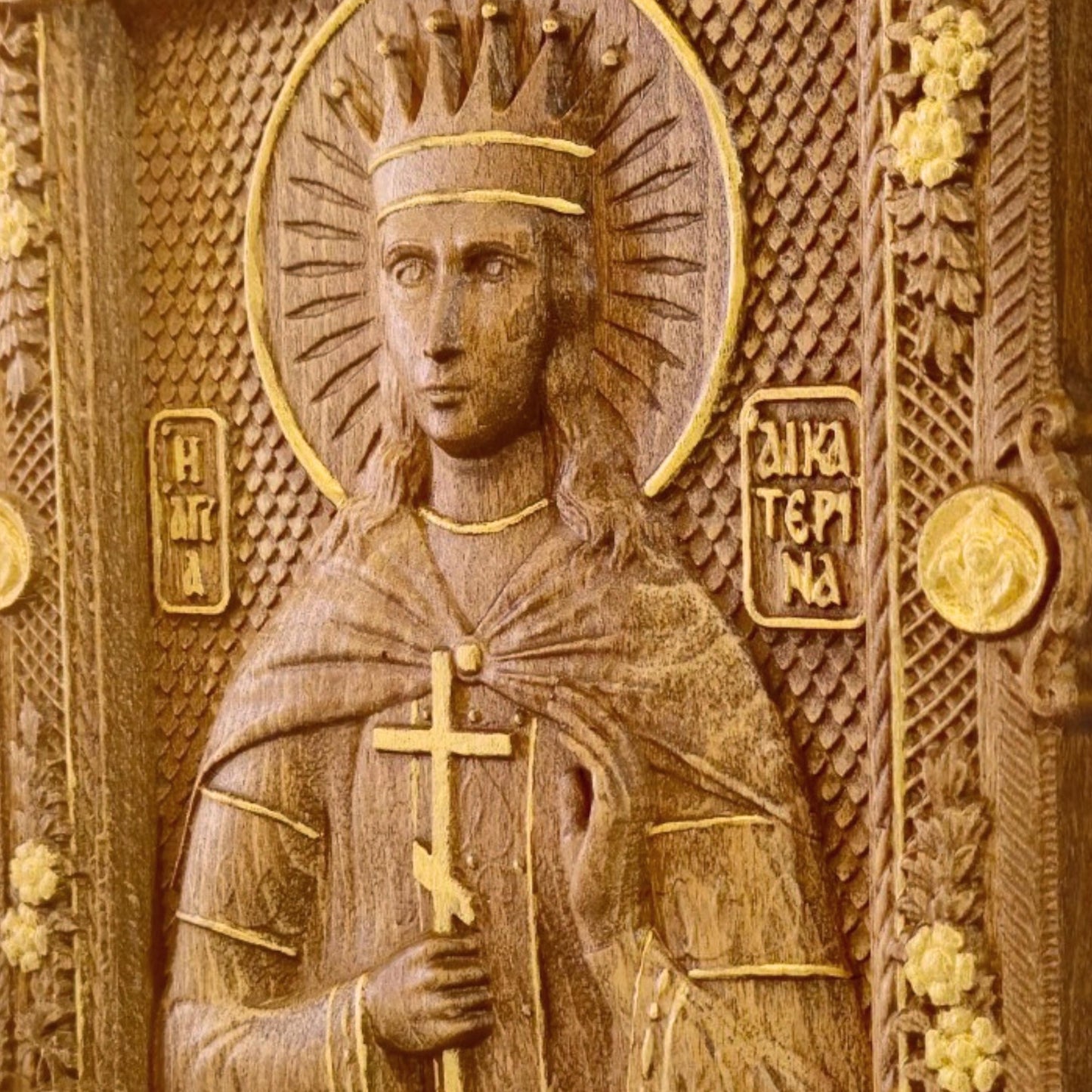 Saint Catherine Wooden Carved Handcrafted Christian Religious Icon. Byzantine Home Wall Art Decor Gift. Orthodox Greek Woodcarving Sculpture.