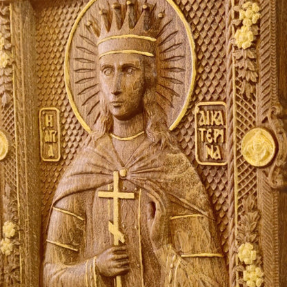 Saint Catherine Wooden Carved Handcrafted Christian Religious Icon. Byzantine Home Wall Art Decor Gift. Orthodox Greek Woodcarving Sculpture.