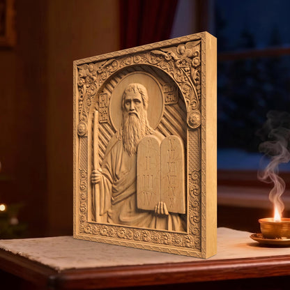Prophet Moses Wooden Carved Handmade Christian Icon | Byzantine Greek Orthodox Home Art Decor