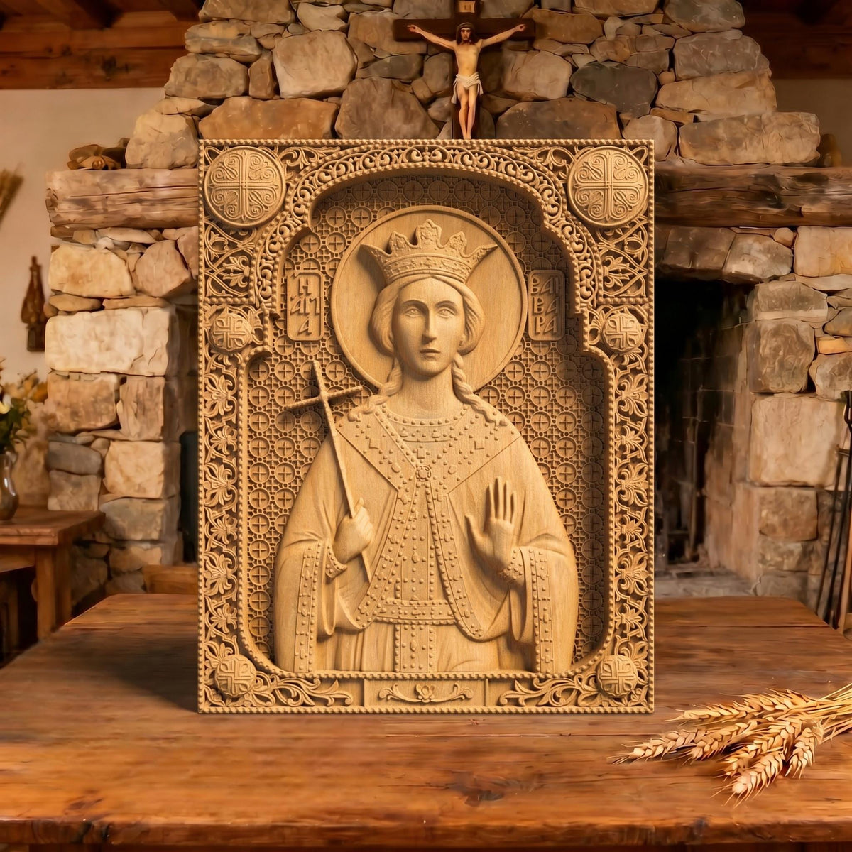 Saint Barbara Wooden Carved Handmade Christian Icon Patron Saint of Artillerymen Cretan Holy Carvings