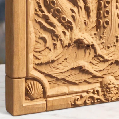 Kraken Drawing a Ship from Ancient Greek Mythology 3D Wooden Bas Relief Panel Art Sculptural Gift Idea Cretan Holy Carvings