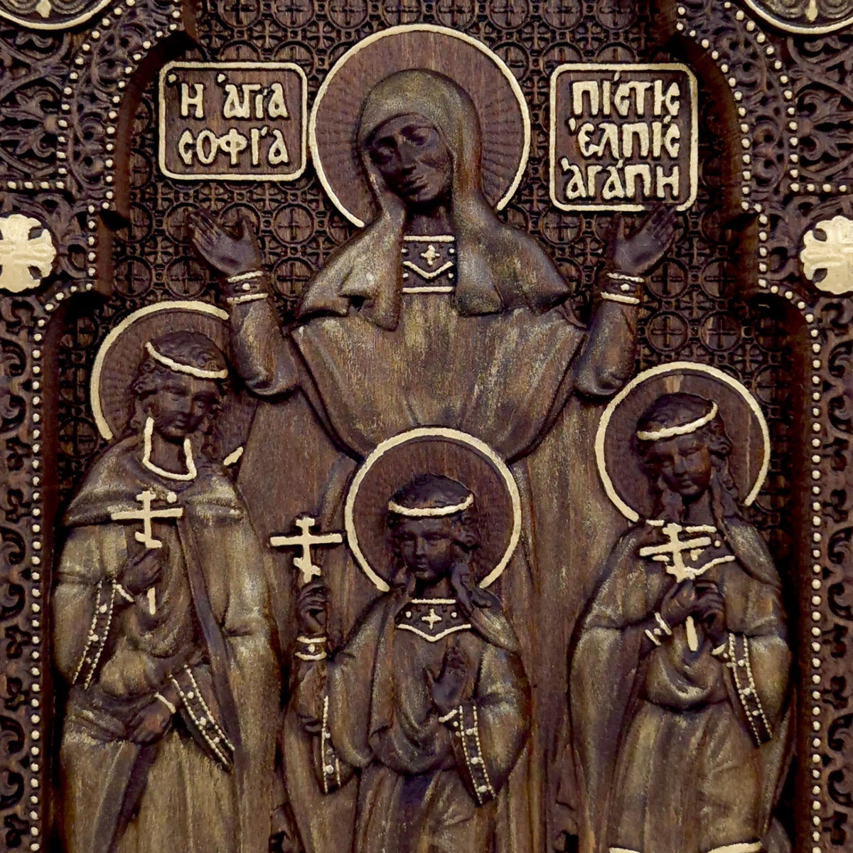 Saints Sophia Faith Hope Love Wooden Carved Handmade Christian Icon. Byzantine Greek Orthodox Decor.