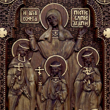 Saints Sophia Faith Hope Love Wooden Carved Handmade Christian Icon. Byzantine Greek Orthodox Decor.