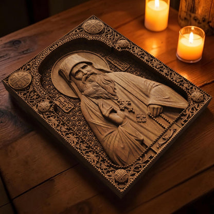 Saint Porphyrios of Kavsokalyvia Wooden Carved Handmade Christian Icon | Byzantine Greek Orthodox Home Art Decor