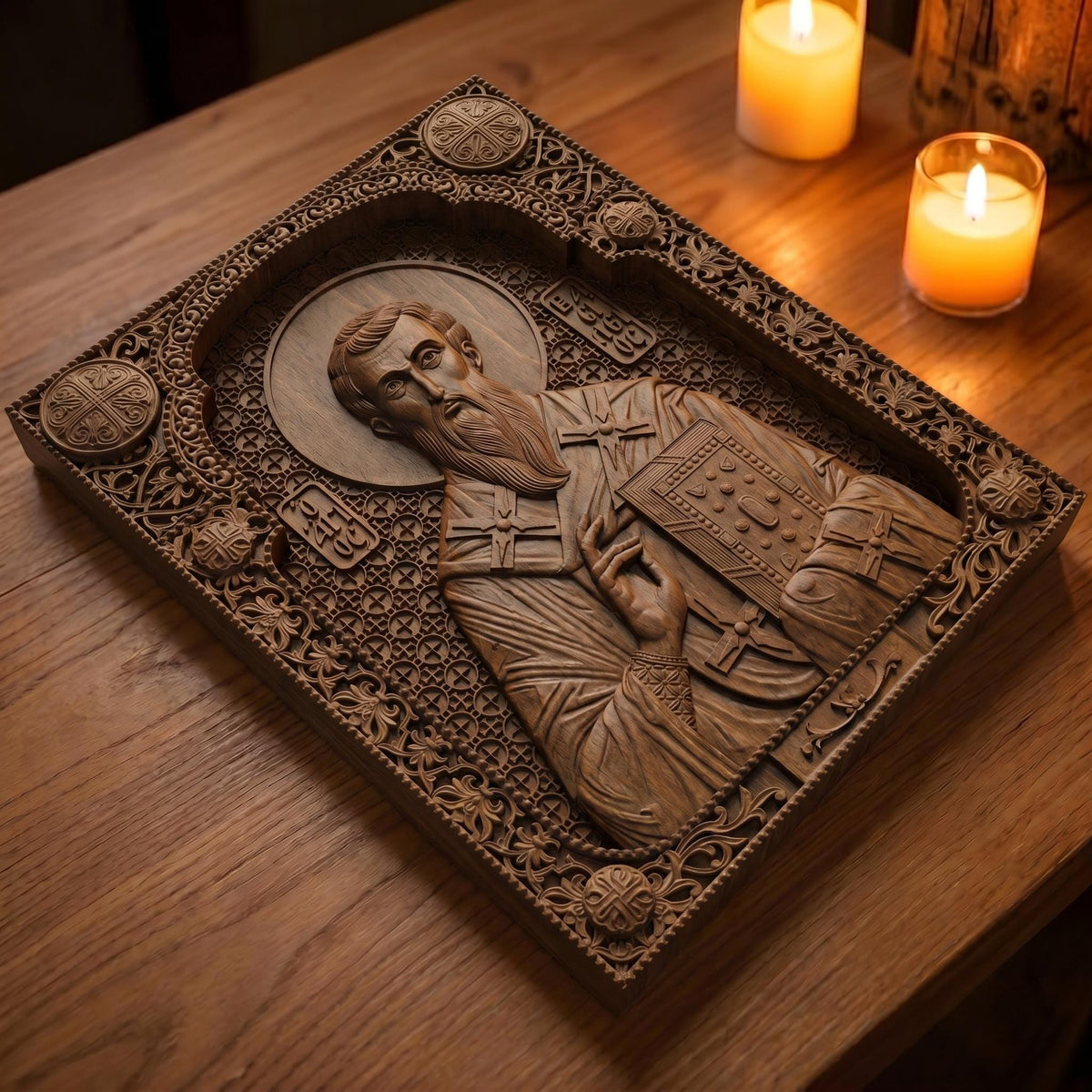 Saint Basil the Great Wooden Carved Handmade Christian Icon Patron Saint of the Poor Flat Side Brown Oak Cretan Holy Carvings