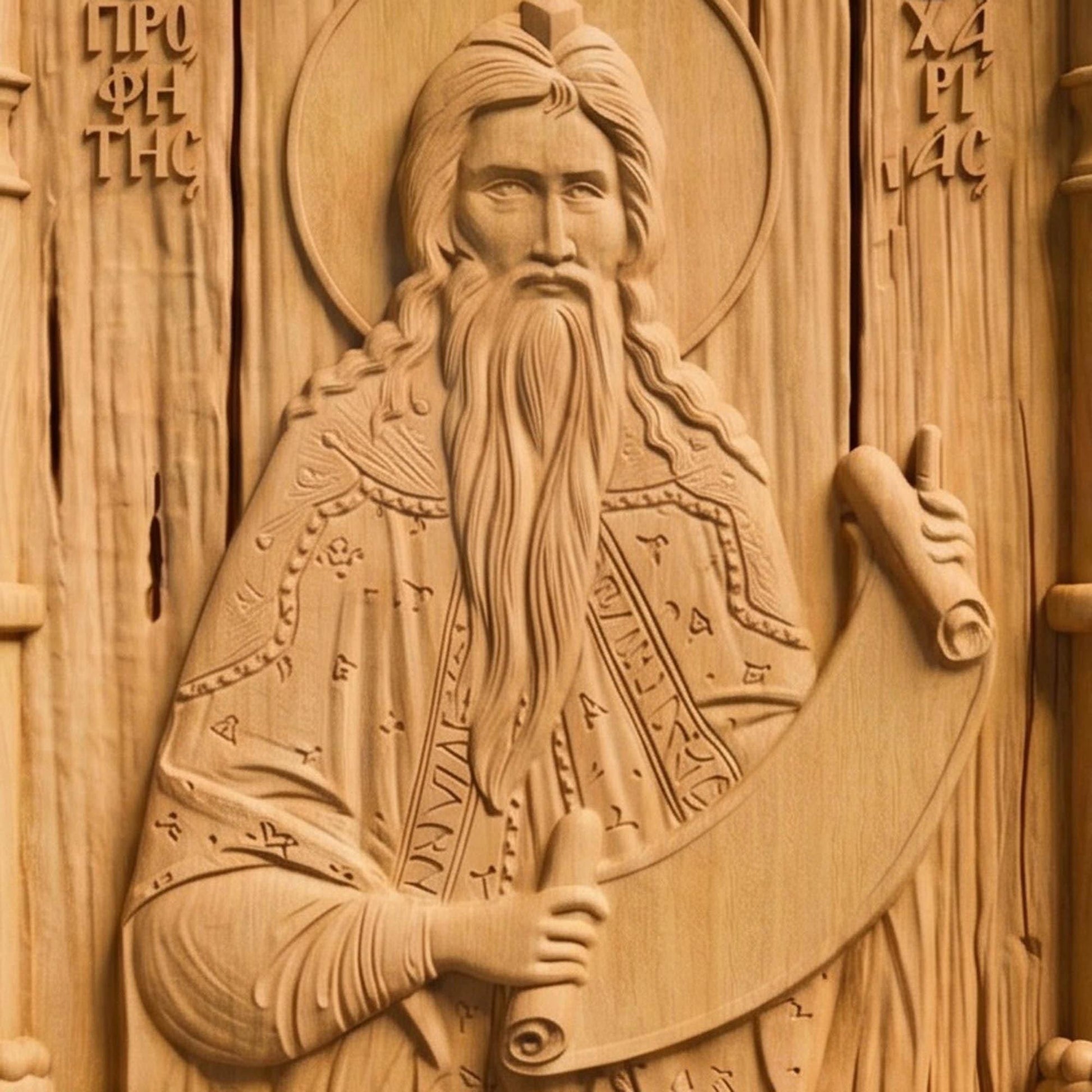 Prophet Zechariah Wooden Carved Handmade Christian Icon Patron Saint of Speech Difficulties Front Side Natural Wood Color Cretan Holy Carvings