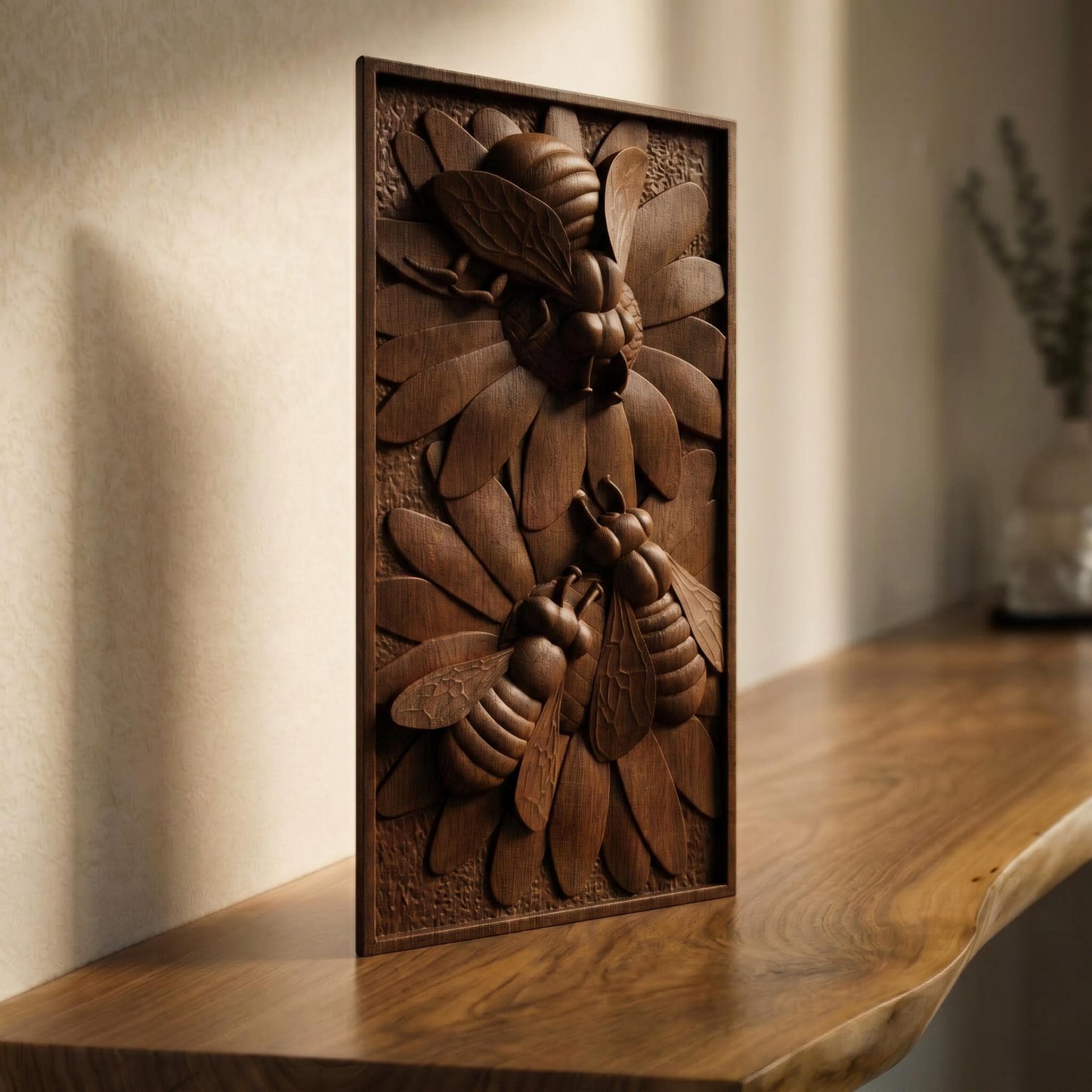 Bees Panel Framed Bas Relief | Wooden Bees Carving | Sculptural Gift Idea