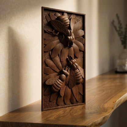 Bees Panel Framed Bas Relief | Wooden Bees Carving | Sculptural Gift Idea