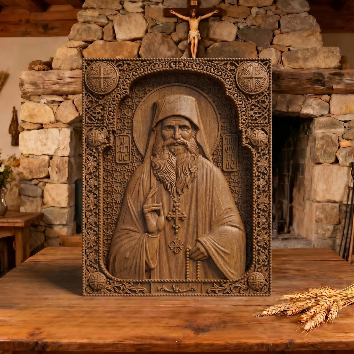 Saint Porphyrios of Kavsokalyvia Wooden Carved Handmade Christian Icon | Byzantine Greek Orthodox Home Art Decor