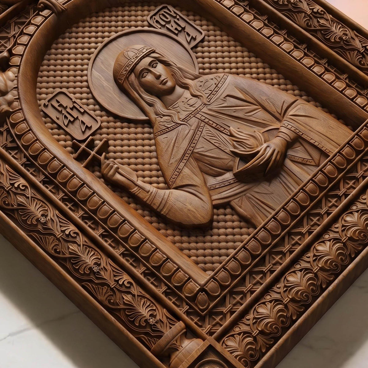 Saint Lucy Patron Saint of Blindness Wooden Carved Handmade Christian Icon | Byzantine Greek Orthodox Home Art Decor