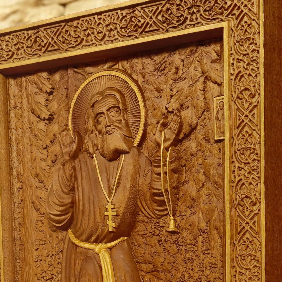 Saint Seraphim of Sarov Wooden Carved Handmade Christian Icon. Byzantine Greek Orthodox Home Decor.