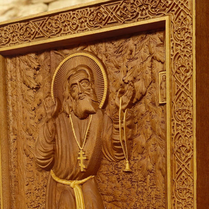 Saint Seraphim of Sarov Wooden Carved Handmade Christian Icon. Byzantine Greek Orthodox Home Decor.