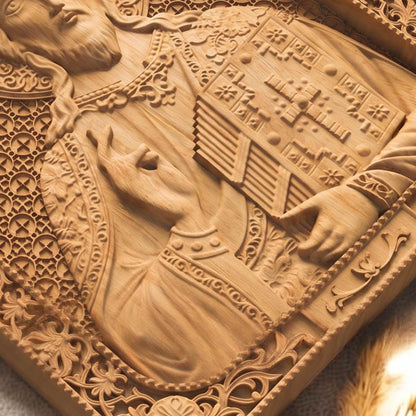 Jesus Christ Wooden Carved Handmade Christian Icon Flat Side Natural Wood Color Cretan Holy Carvings (2)