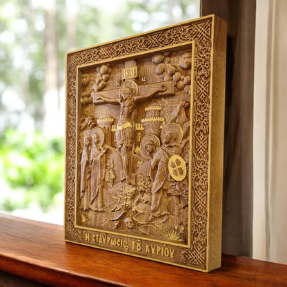 Crucifixion of Jesus Christ Wooden Carved Handmade Christian Icon. Byzantine Greek Orthodox Home Decor.