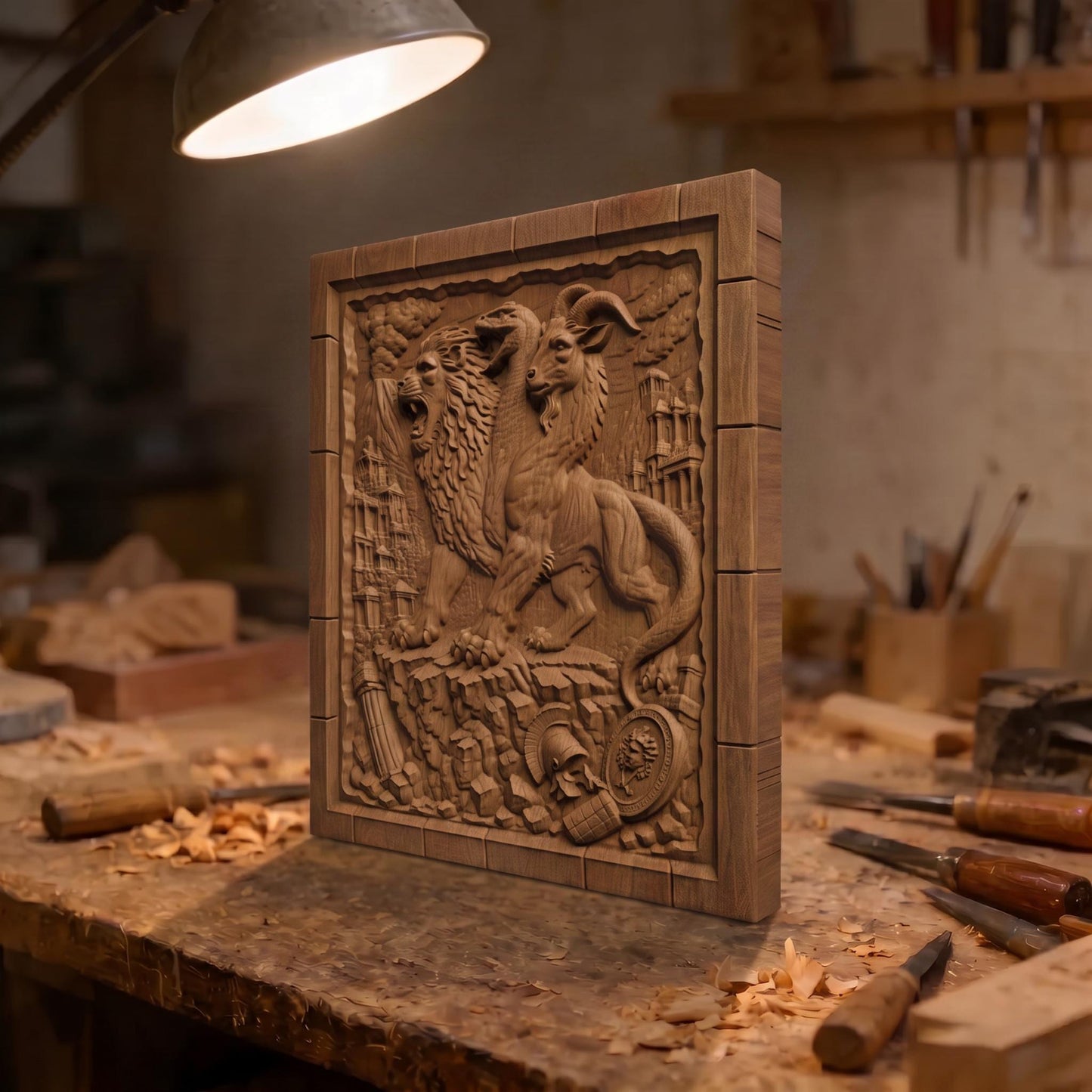 Chimera the Mythical Beast from Ancient Greek Mythology 3D Wooden Bas Relief Panel Art Sculptural Gift Idea Cretan Holy Carvings