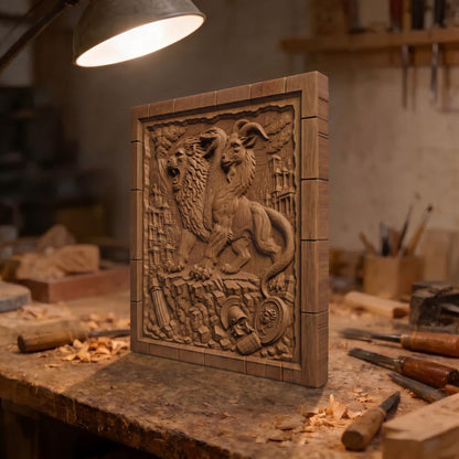 Chimera the Mythical Beast from Ancient Greek Mythology 3D Wooden Bas Relief Panel Art Sculptural Gift Idea Cretan Holy Carvings