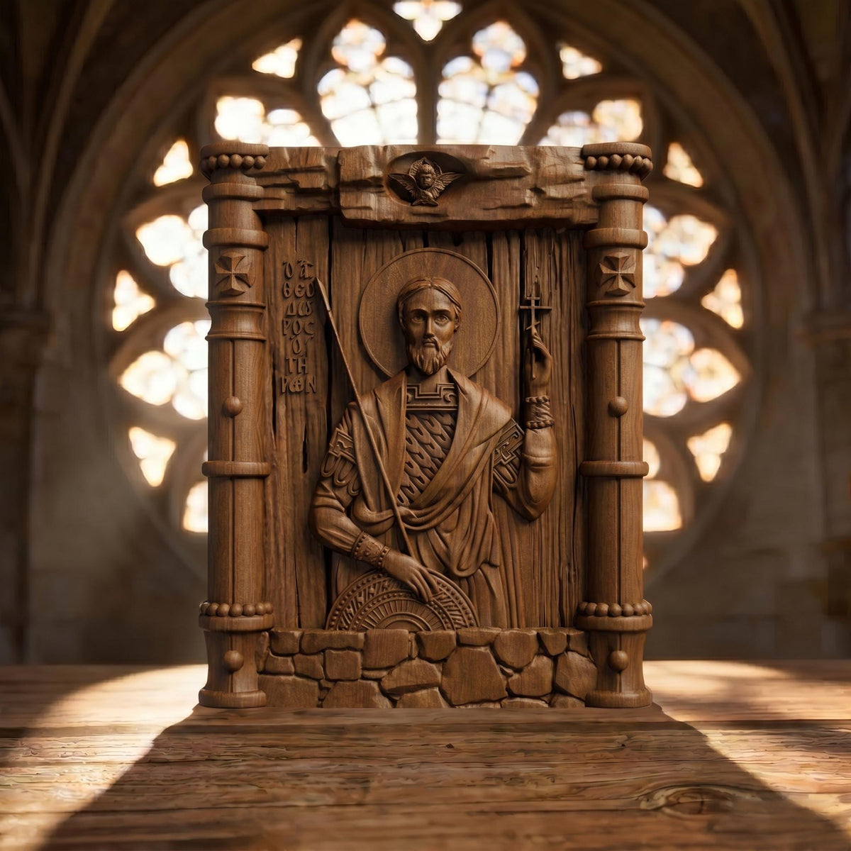 Saint Theodore Tyron Wooden Carved Handmade Christian Icon Front Side Brown Oak Cretan Holy Carvings