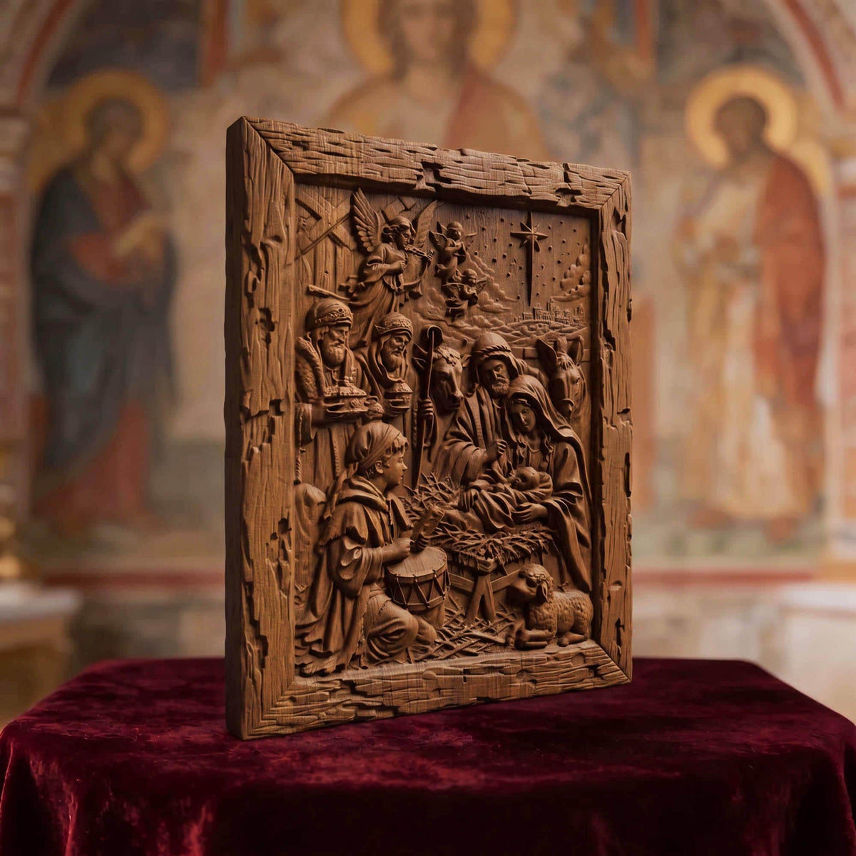 The Birth of Jesus Wooden Carved Handmade Christian Icon  Byzantine Greek Orthodox Home Decor Cretan Holy Carvings