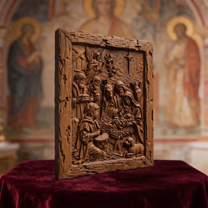 The Birth of Jesus Wooden Carved Handmade Christian Icon  Byzantine Greek Orthodox Home Decor Cretan Holy Carvings