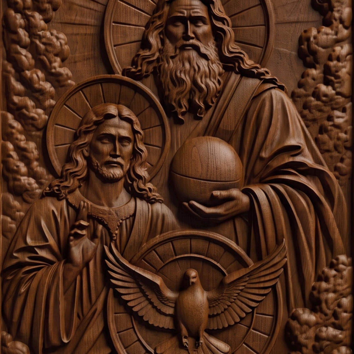 Holy Trinity Wooden Carved Handmade Christian Icon  Byzantine Greek Orthodox Home Decor Cretan Holy Carvings