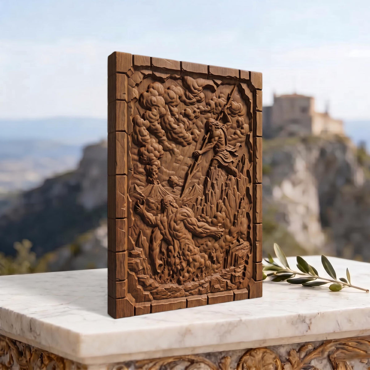 Zeus vs Lava Titan from Ancient Greek Mythology 3D Wooden Bas Relief Panel Art Sculptural Gift Idea Cretan Holy Carvings