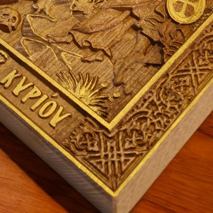 Crucifixion of Jesus Christ Wooden Carved Handmade Christian Icon. Byzantine Greek Orthodox Home Decor.