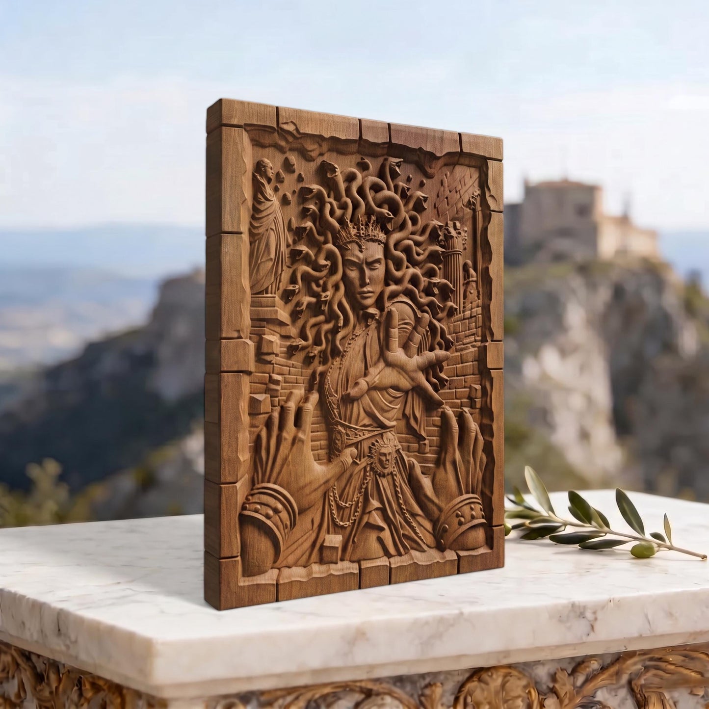Medusa's Curse from Ancient Greek Mythology 3D Wooden Bas Relief Panel Art Sculptural Gift Idea Cretan Holy Carvings