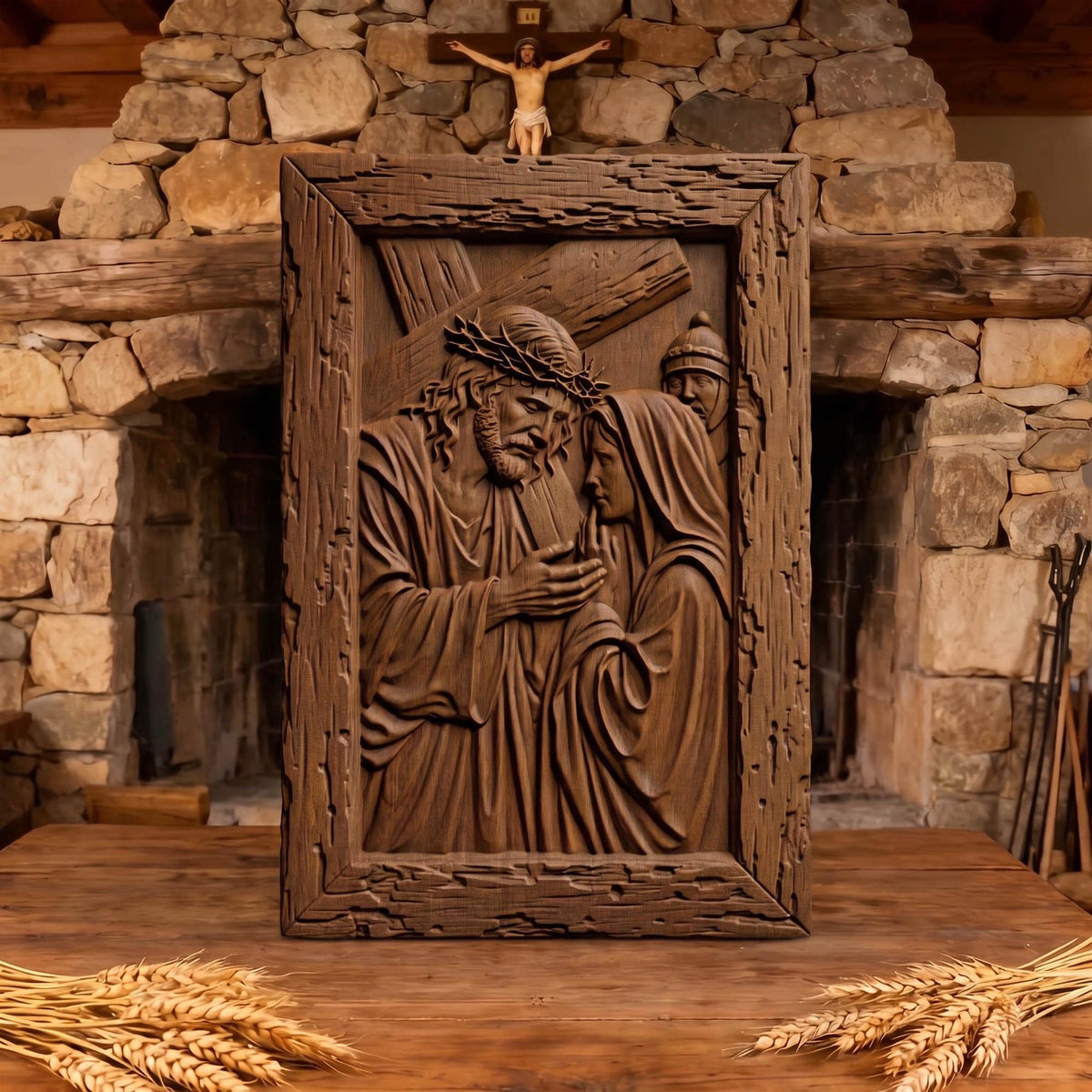 Virgin Mary Supports Jesus Wooden Carved Handmade Christian Icon  Byzantine Greek Orthodox Home Decor Cretan Holy Carvings