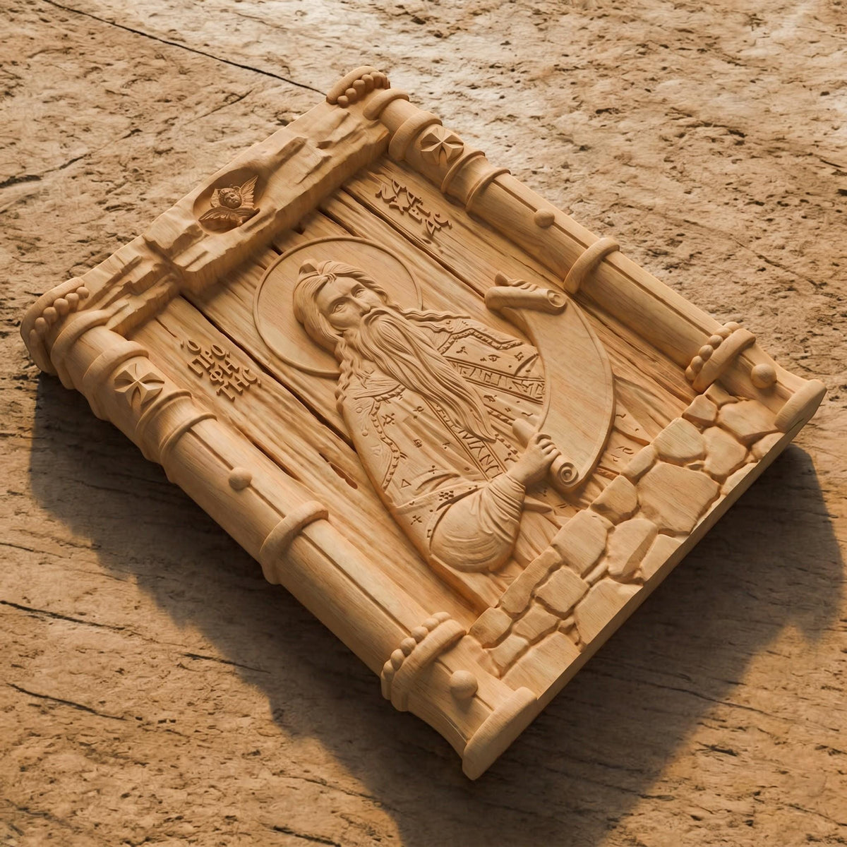 Prophet Zechariah Wooden Carved Handmade Christian Icon Patron Saint of Speech Difficulties Flat Side Natural Wood Color Cretan Holy Carvings
