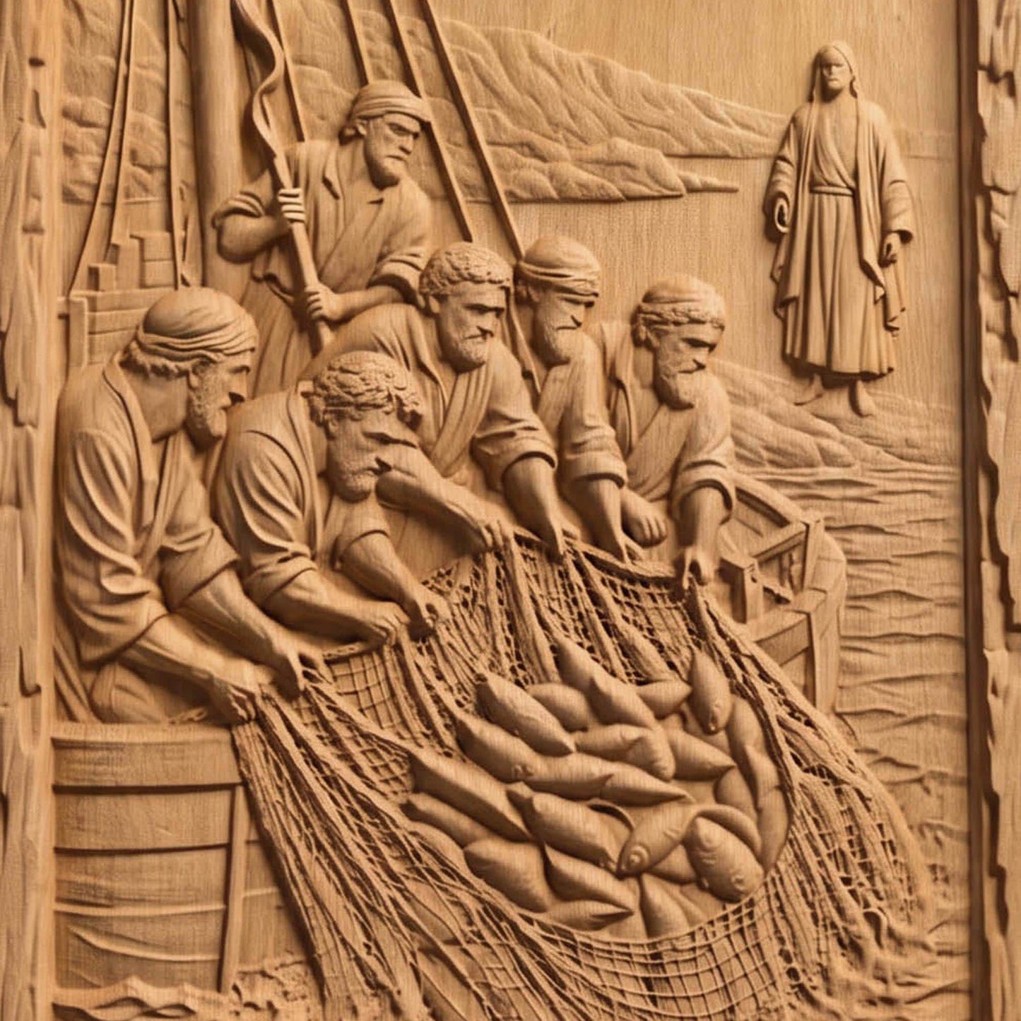 Jesus and the Miraculous Catch of Fish Wooden Carved Handmade Christian Icon  Byzantine Greek Orthodox Home Decor Cretan Holy Carvings