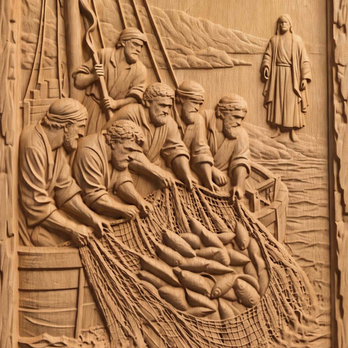 Jesus and the Miraculous Catch of Fish Wooden Carved Handmade Christian Icon  Byzantine Greek Orthodox Home Decor Cretan Holy Carvings