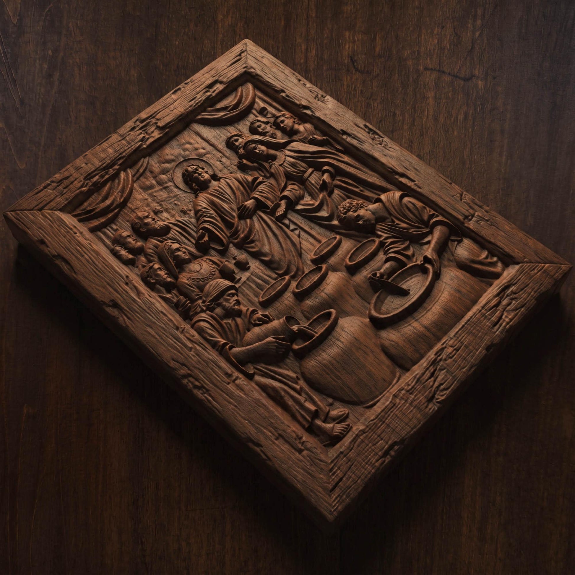 Jesus Christ and the Miracle at Cana Wooden Carved Handmade Christian Icon  Byzantine Greek Orthodox Home Decor Cretan Holy Carvings
