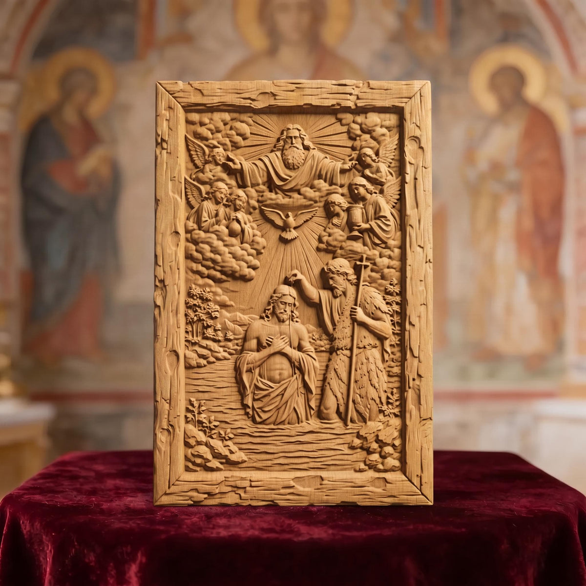 The Baptism of Jesus Christ Wooden Carved Handmade Christian Icon  Byzantine Greek Orthodox Home Decor Cretan Holy Carvings